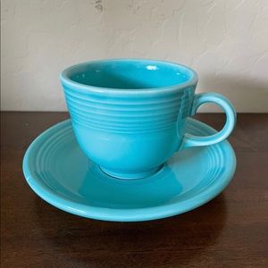 Fiestaware tea cup and saucer. Turquoise in color